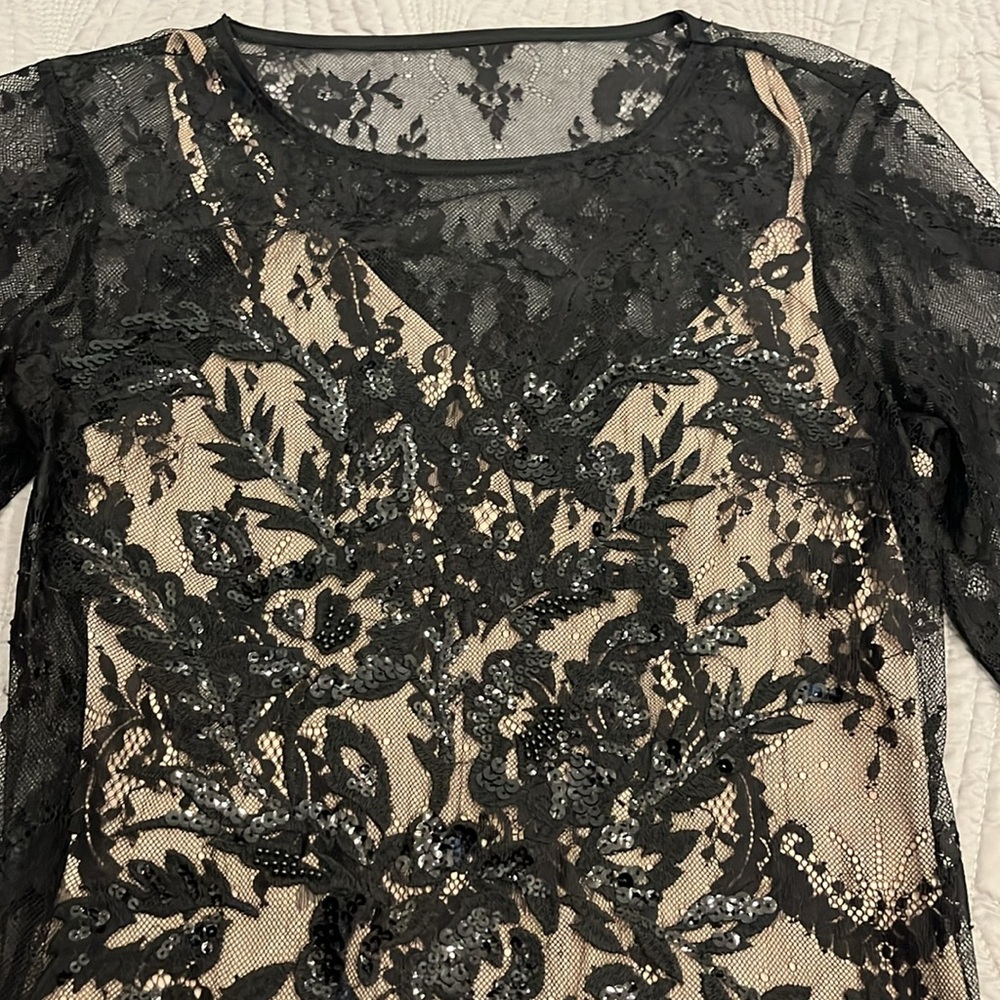 Express Women’s Black Lace w beading and tan tank liner dress size 6 - Picture 6 of 12